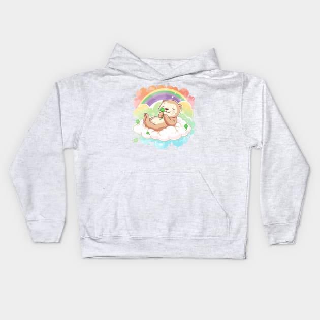 Kawaii sea Otters holding a four-leaf clover in St. Patrick's Day Celebration rainbow Kids Hoodie by MilkyBerry